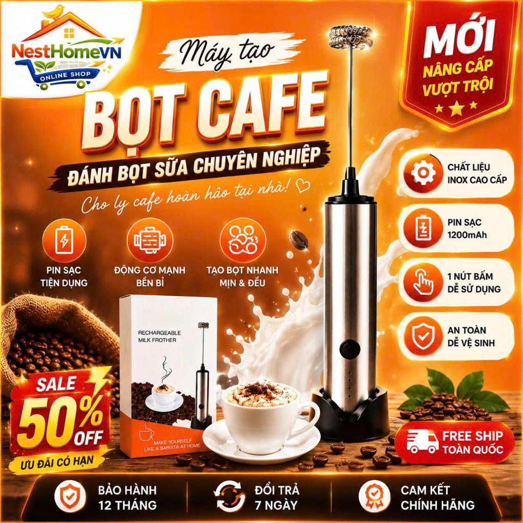Máy Đánh Bọt Cà Phê Microfoam Mifan MF1501G - 3 Đầu Đa Năng, Thép không gỉ, Đế sạc USB tiện lợi - Hà