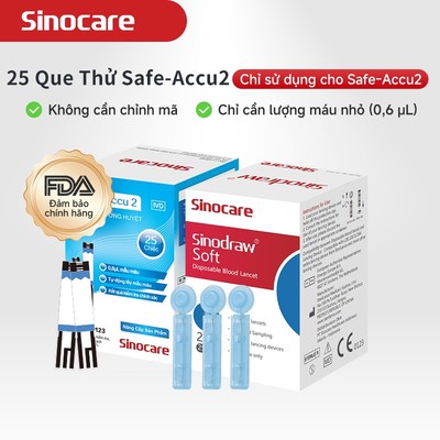 Que Thử Đường Huyết Safe-Accu2 Hộp 25 Que Thử Tặng Kèm Kim Chích Chính Hãng