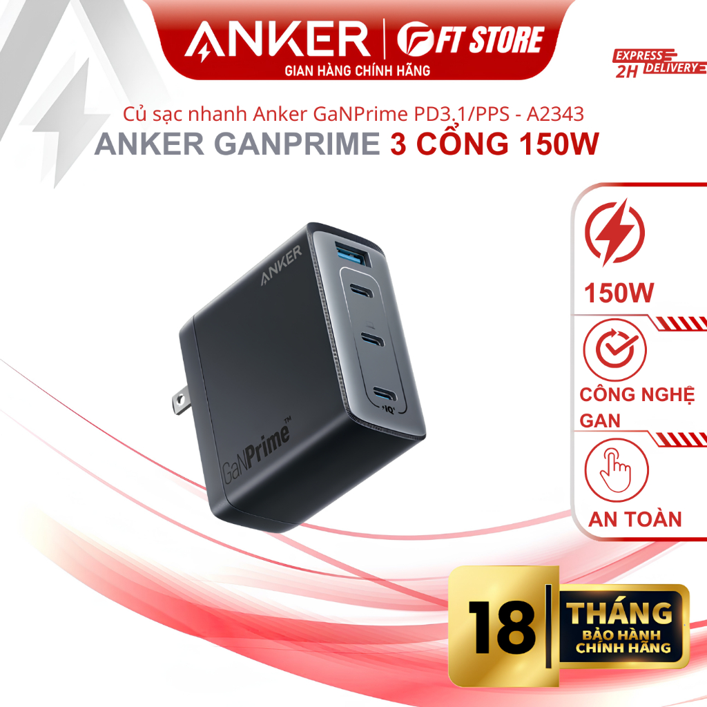 Sạc Nhanh Anker 747 GaNPrime A2340 150W, Củ Sạc Nhanh 150W 4 Cổng USB-C USB-A,PD 3.1 PPS
