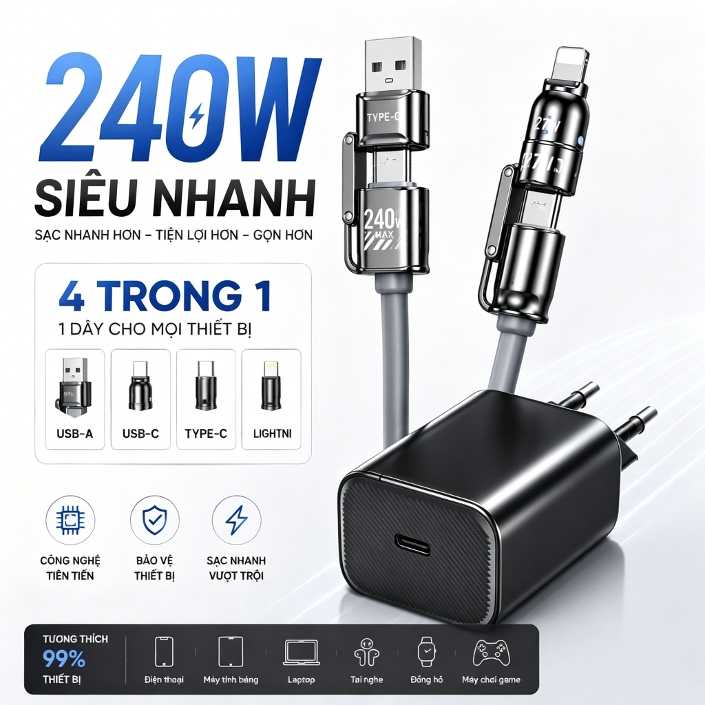 Củ sạc nhanh GaN 45W 【Sạc + cáp dữ liệu】4 trong 1 bằng silicone lỏng sạc nhanh Phone 17/16/Sumsung