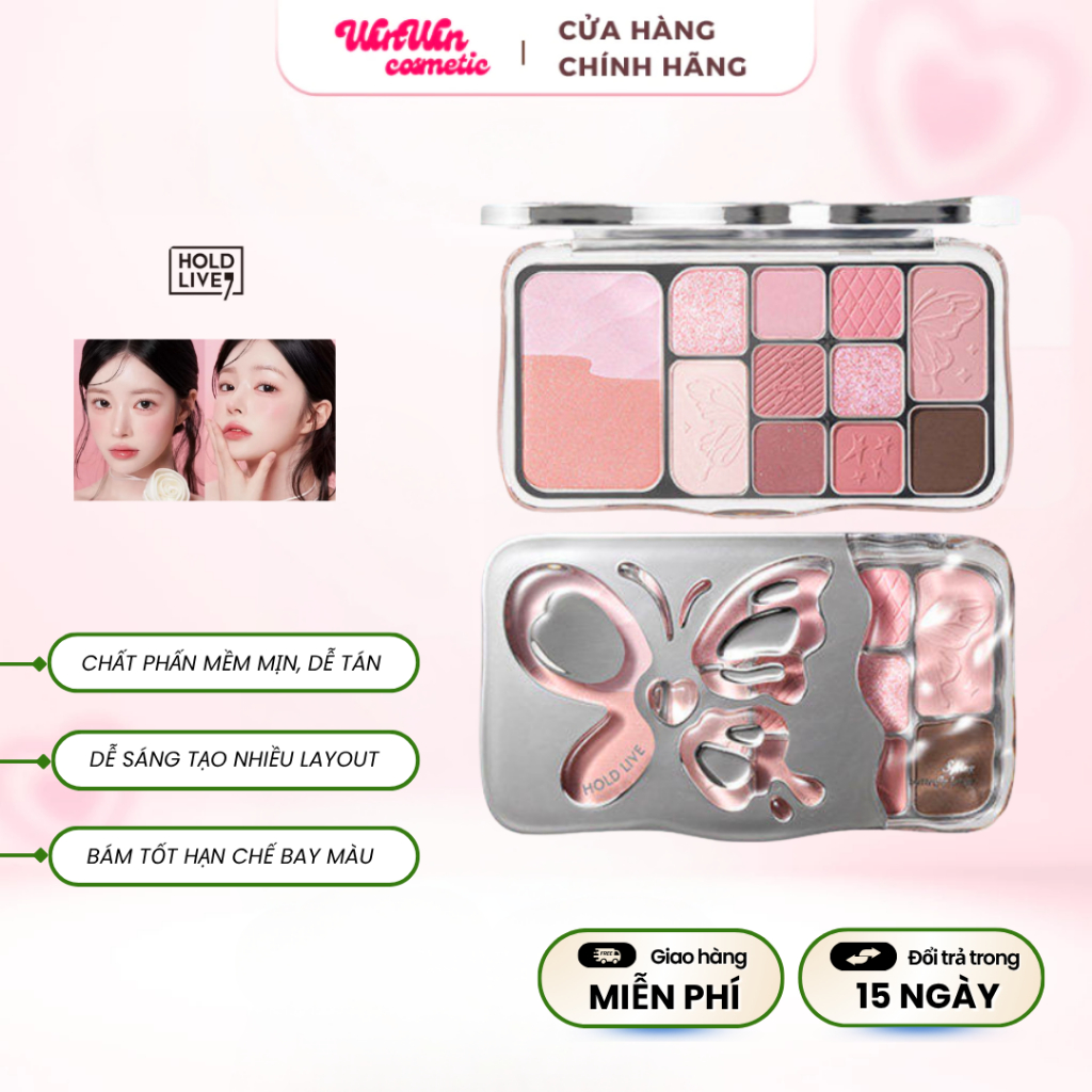 HOLD LIVE Bảng phấn mắt 12 ô Hold Live đa năng 4in1 Mist Butterfly Shadow HL792 lên màu bền chuẩn lâ