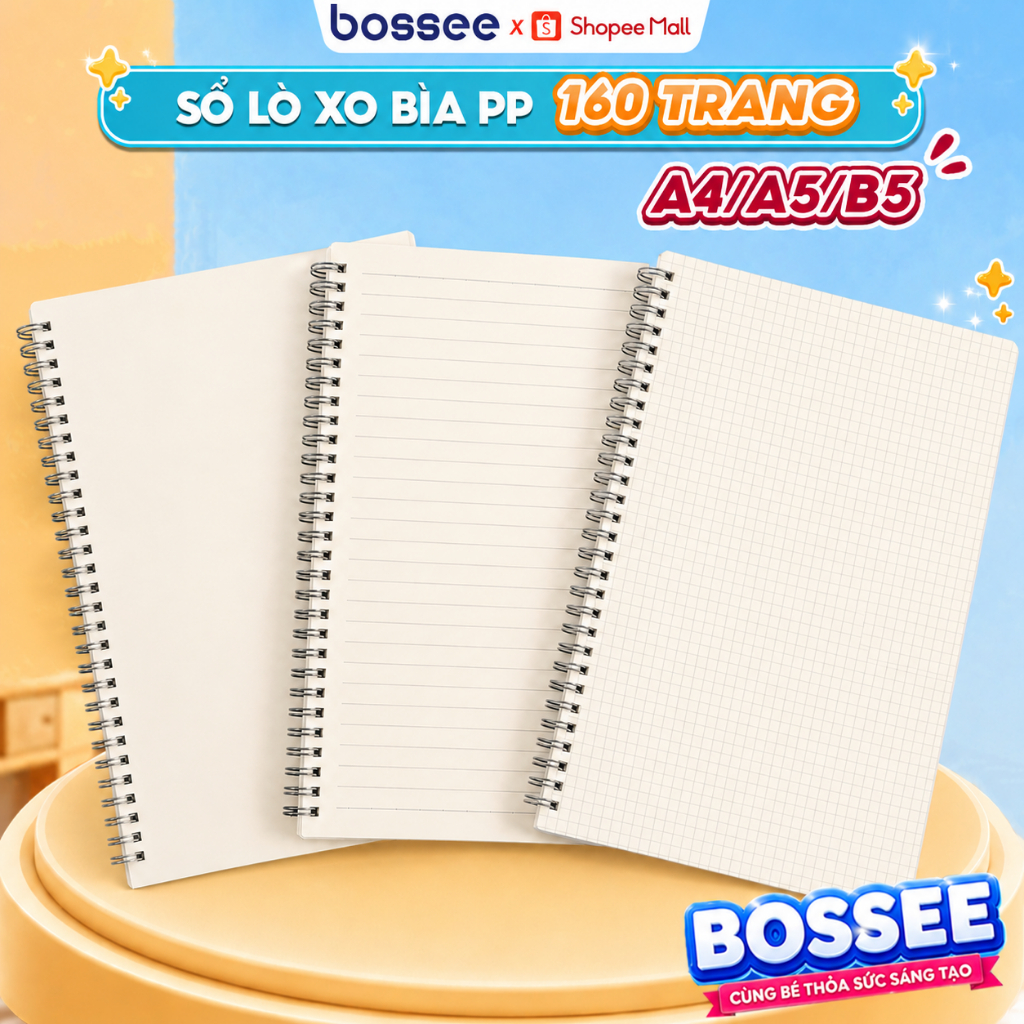Sổ lò xo PP Bossee 160 Trang B5/A5/A4, Giấy Không Kẻ/Kẻ Vuông/Kẻ Ngang