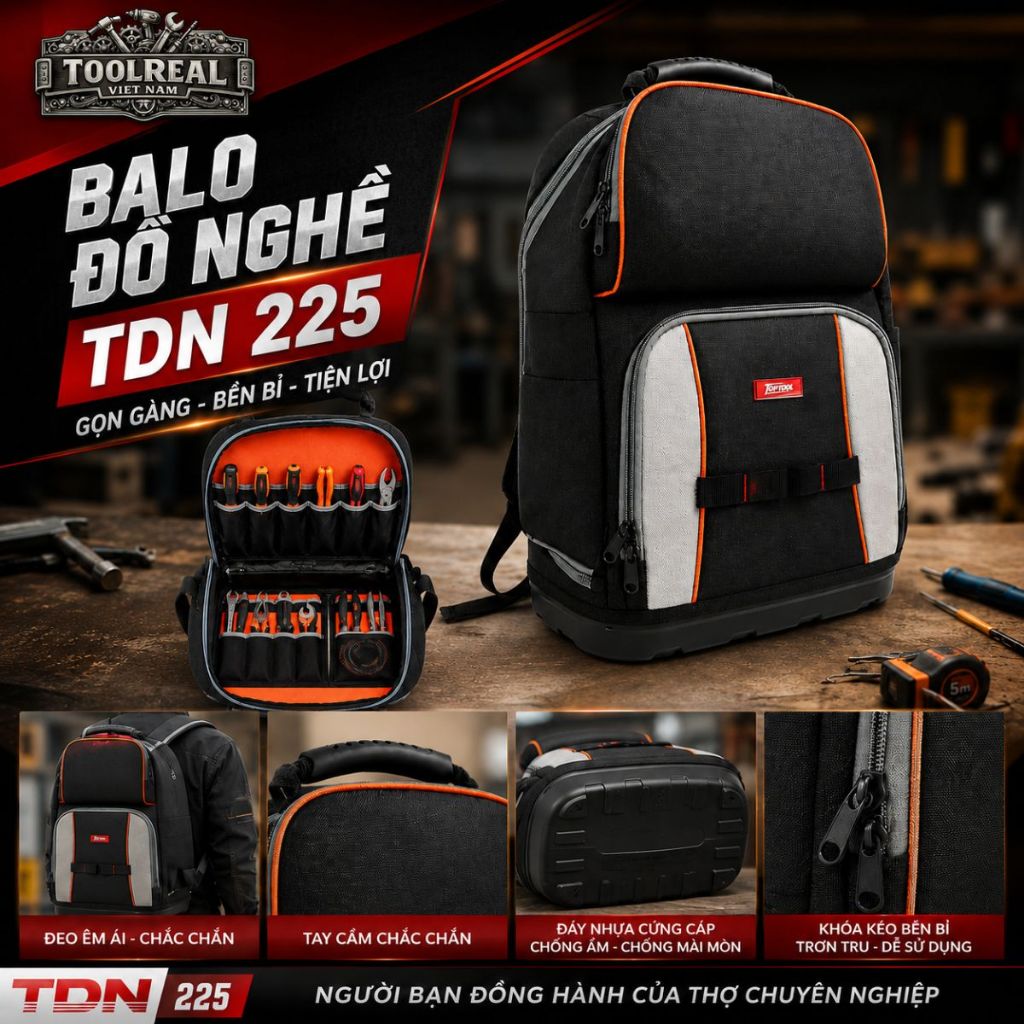 Balo Đựng Đồ Nghề Top Đồ Nghề Top Tool TDN-225 1680D Đế Nhựa Chống Nước Form Cứng Cho Thợ Điện Kỹ Th
