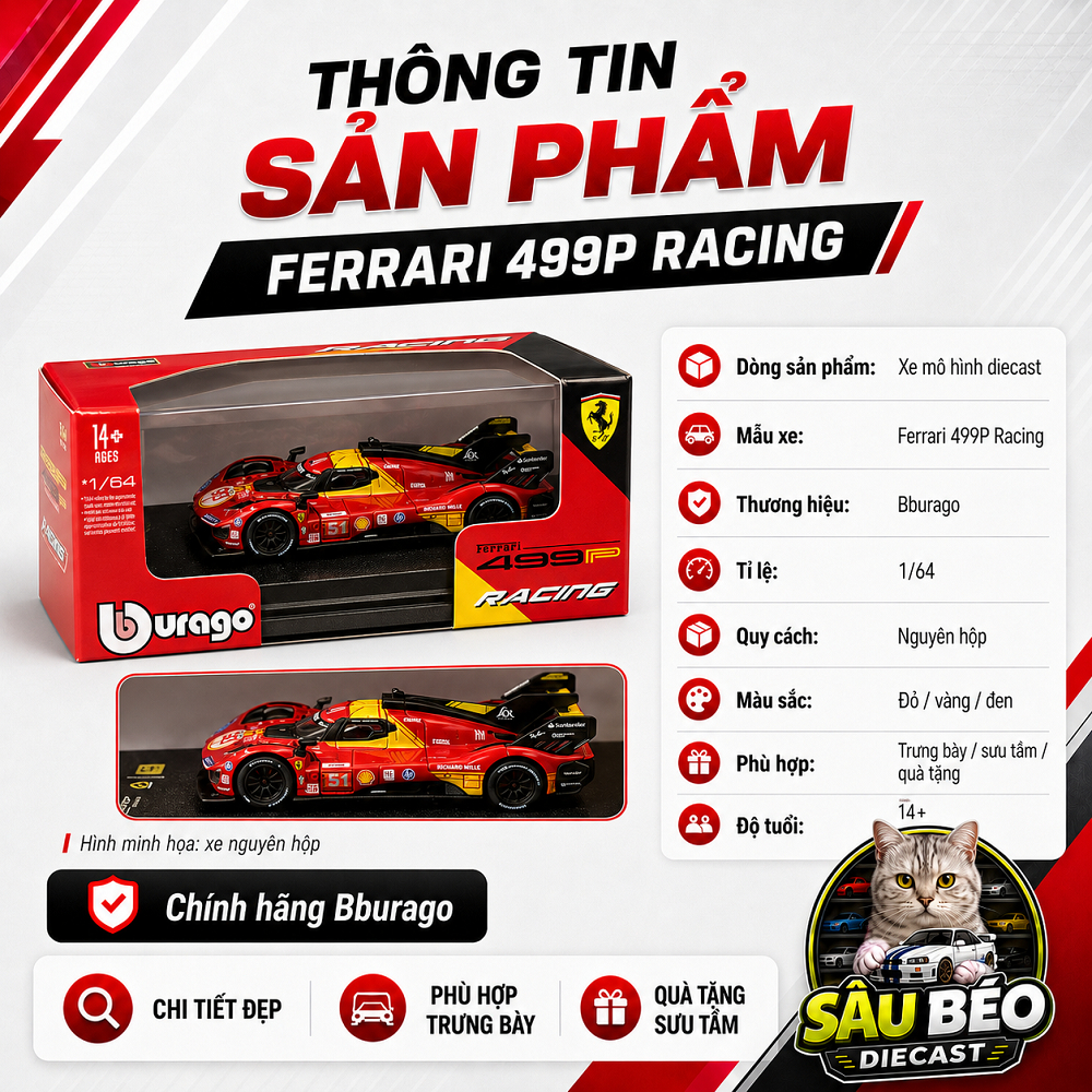 MÔ HÌNH XE 1/64 BBurago Ferrari 499p- xe vô địch Le Mans – CHÍNH HÃNG