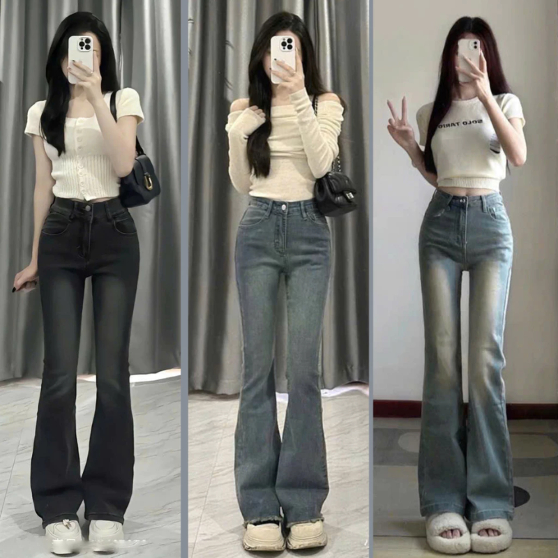 Quần jeans nữ ống loe co giãn Grind Wash, quần bò jean ống đứng rộng suông CẠP CAO phong cách RETRO 