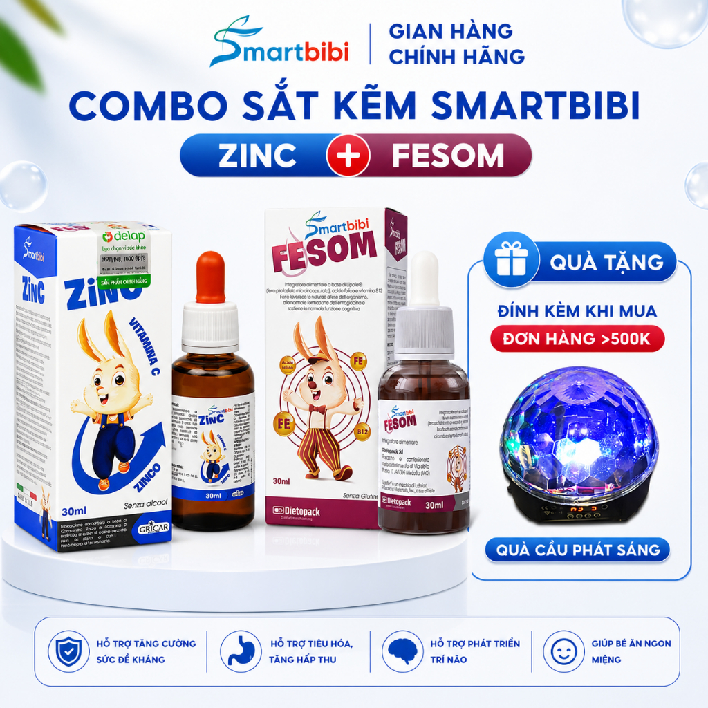 Sắt kẽm hữu cơ cho bé Smartbibi Zinc - Fesom giúp hỗ trợ ăn ngon, giảm biếng ăn, tăng sức đề kháng