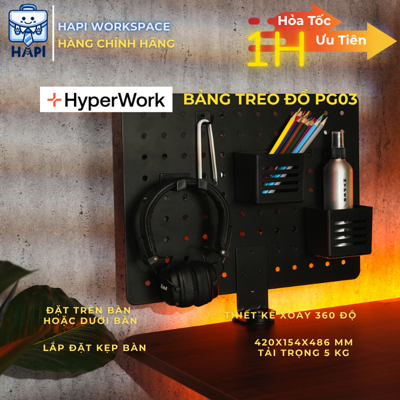 Bảng treo đồ Kẹp bàn OMNI Pegboard Hyperwork PG03 Xoay 360 độ, 6 tính năng, tải trọng 5kg