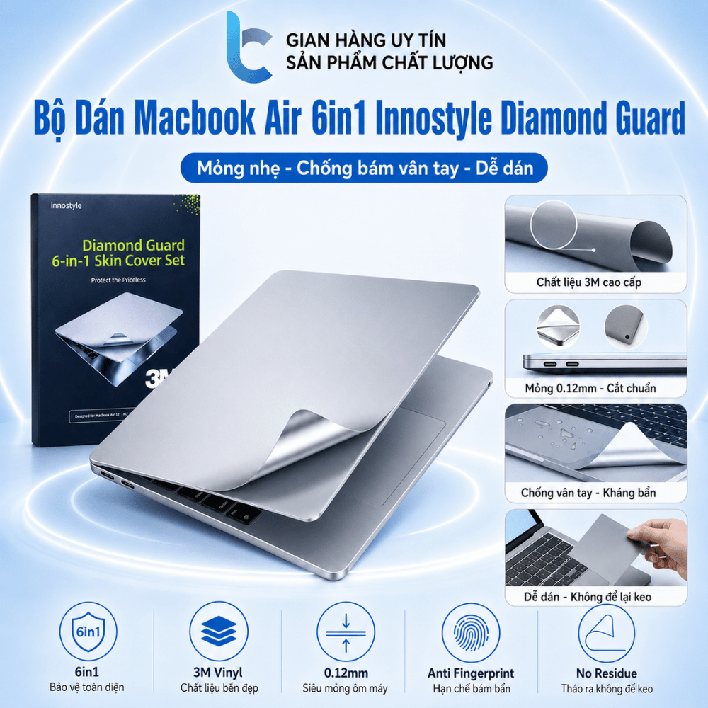 Bộ Dán Macbook Air M2/ M3/ M4/ M5 15 inch/ Air M2/ M3/ M4 / M5 6in1 Innostyle Diamond Guard