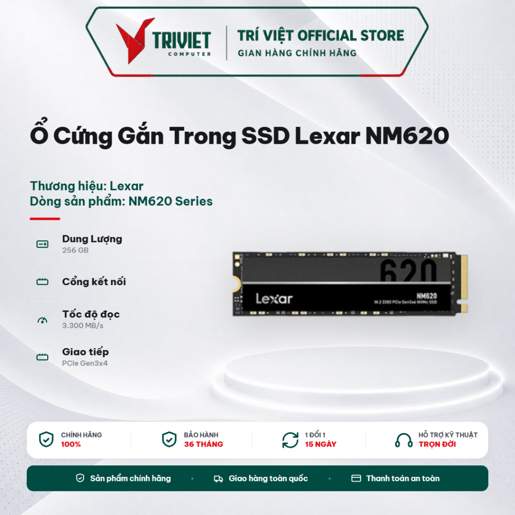 Ổ Cứng Gắn Trong SSD Lexar NM620 256GB M.2 2280 NVMe PCIe Gen3x4 Tốc Độ Đọc 3300MB/s Hiệu Năng Cao
