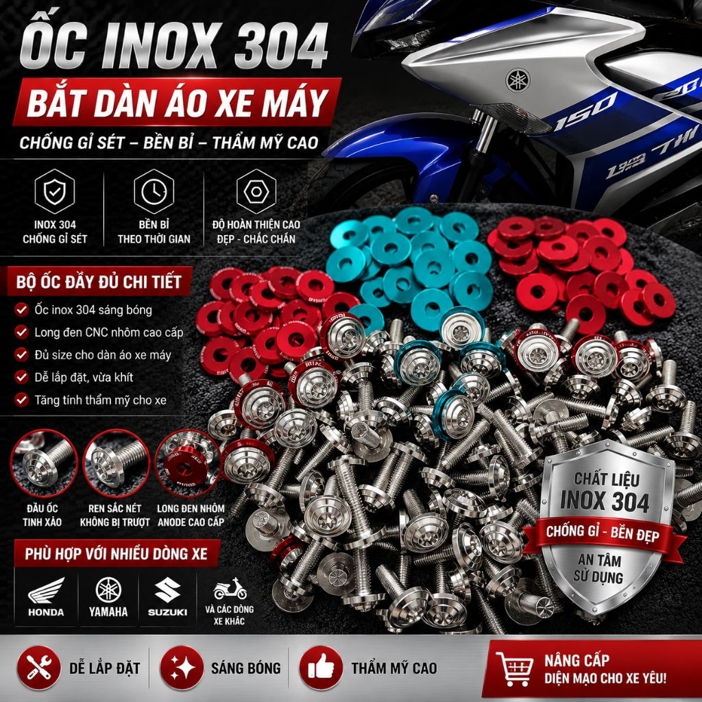 ốc bắt dàn áo inox 304 mẫu thái v2 dù thấp kèm lông đền Phụ Tùng Phụ Kiện