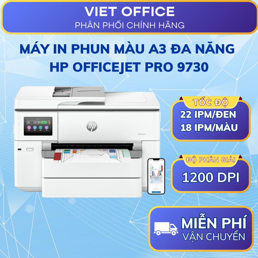 Máy In Phun Màu A3 Đa Năng HP OfficeJet Pro 9730 | In Scan Copy Fax A3 | WiFi LAN | In 2 Mặt Tự Động