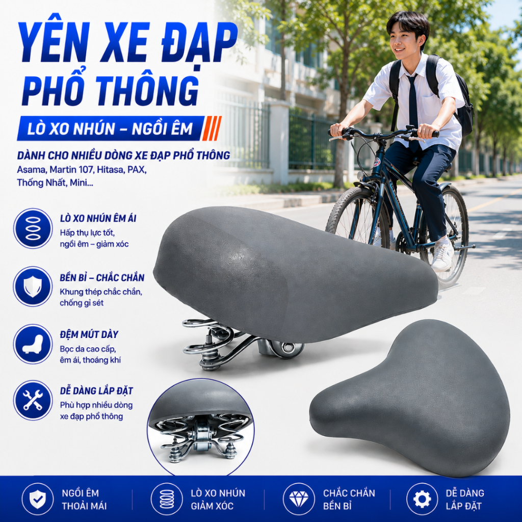 Yên xe đạp có lò xo nhún ngồi êm dành cho xe đạp Asama, Martin 107, Hitasa, PAX, Thống Nhất, Mini