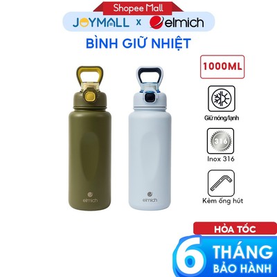 Bình Giữ Nhiệt Inox 304 Elmich EL0914 1L, Hàng Chính Hãng, Nắp Mở Một Chạm, Có Ống Hút - JoyMall