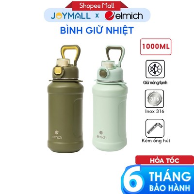 Bình Giữ Nhiệt Inox 316 Elmich EL0915 1L, Hàng Chính Hãng, Nắp Mở 1 Chạm, Có Ống Hút - JoyMall