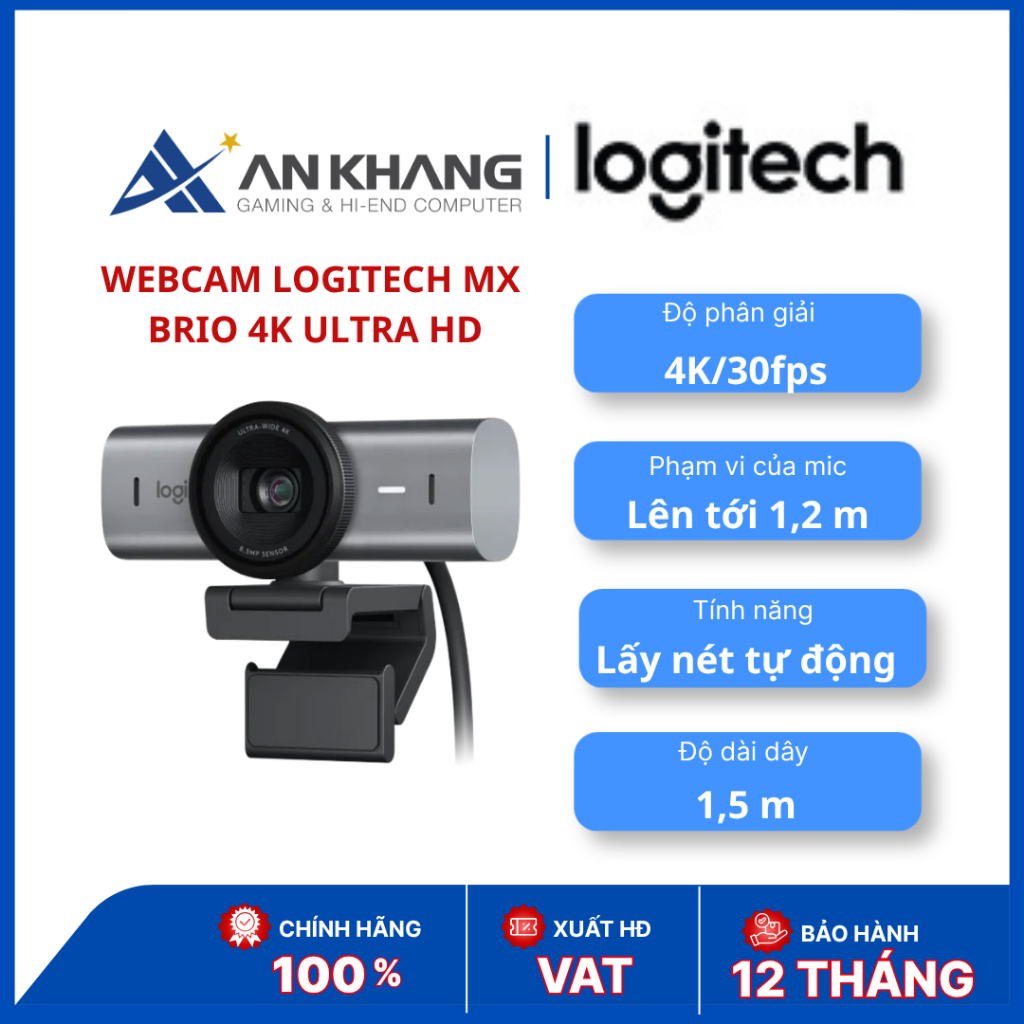 Webcam Logitech MX Brio 4K Ultra HD | Sony STARVIS 8.5MP | USB-C | Than chì/Xám nhạt