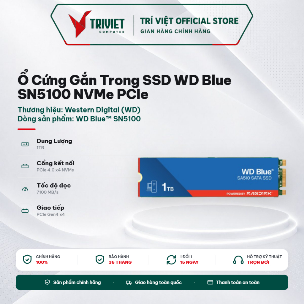 Ổ Cứng Gắn Trong SSD WD Blue 500GB/1TB SN5100 NVMe PCIe Gen4 x4 M.2 2280 – Read upto 7100MB/s