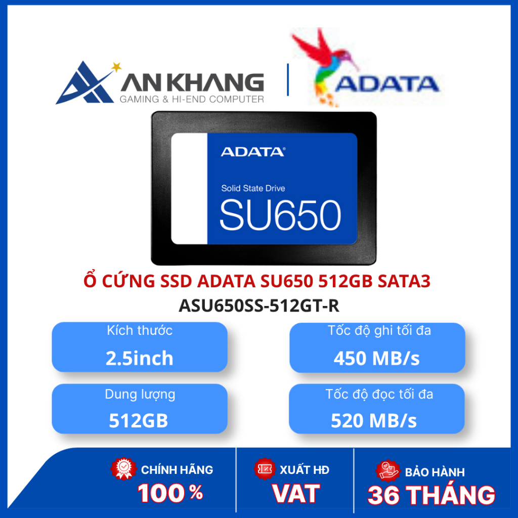 Ổ Cứng SSD Adata SU650 512GB | SATA III 6Gb/s | 2.5 Inch | Read 520MB/s | ASU650SS-512GT-R Chính Hãn