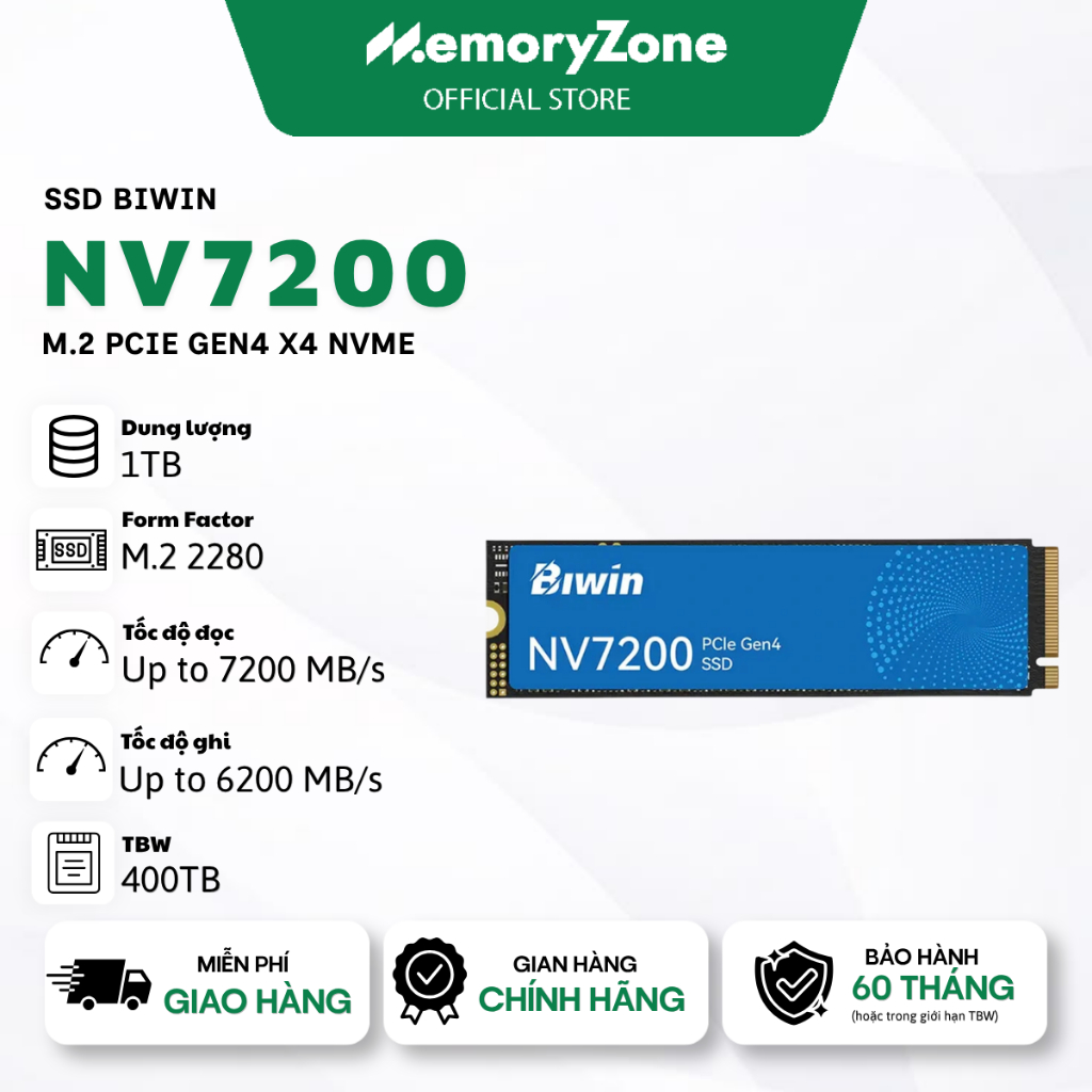 Ổ cứng SSD Biwin NV7200 1TB/2TB M.2 PCIe Gen4 x4 NVMe - Tốc độ đọc lên tới 7200 MB/s, Bảo hành 60 tháng chính hãng | BigBuy360 - bigbuy360.vn