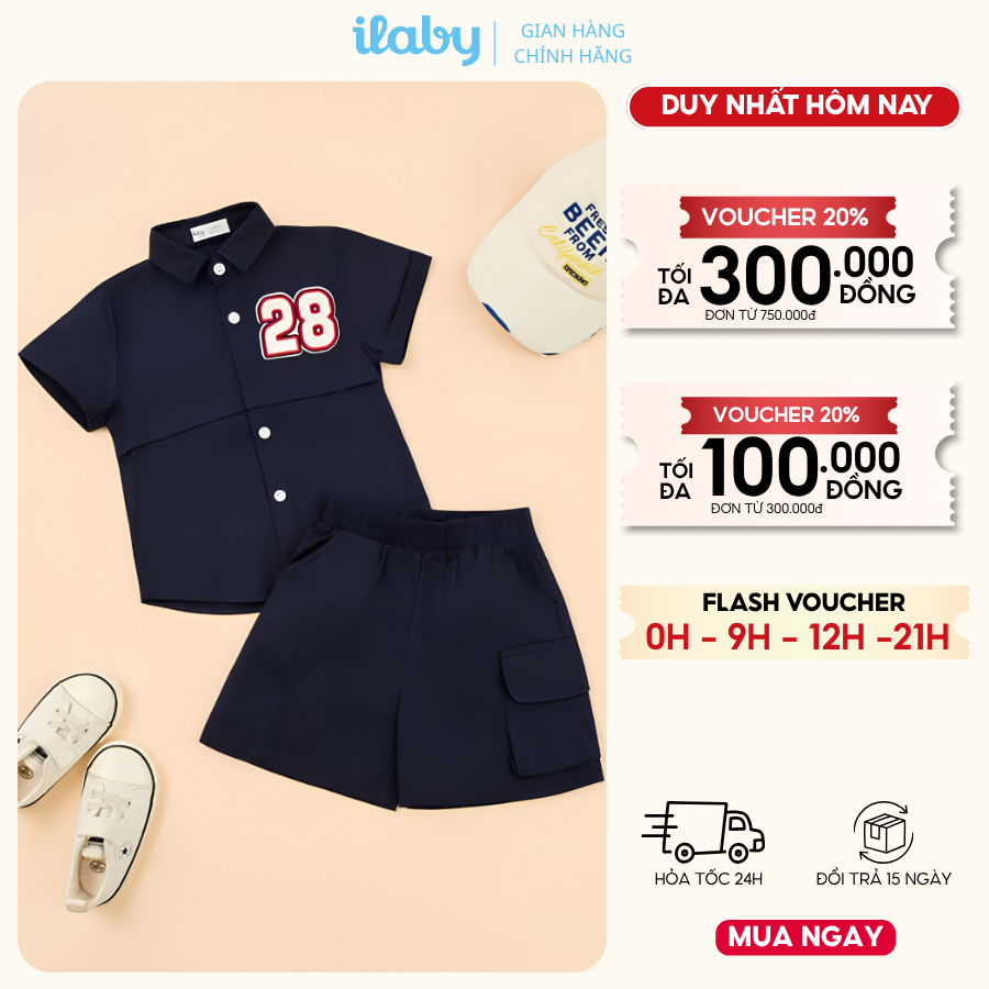 Set bộ bé trai ILABY HCM áo sơ mi ngắn tay và quần short phong cách thể thao năng động [3774]