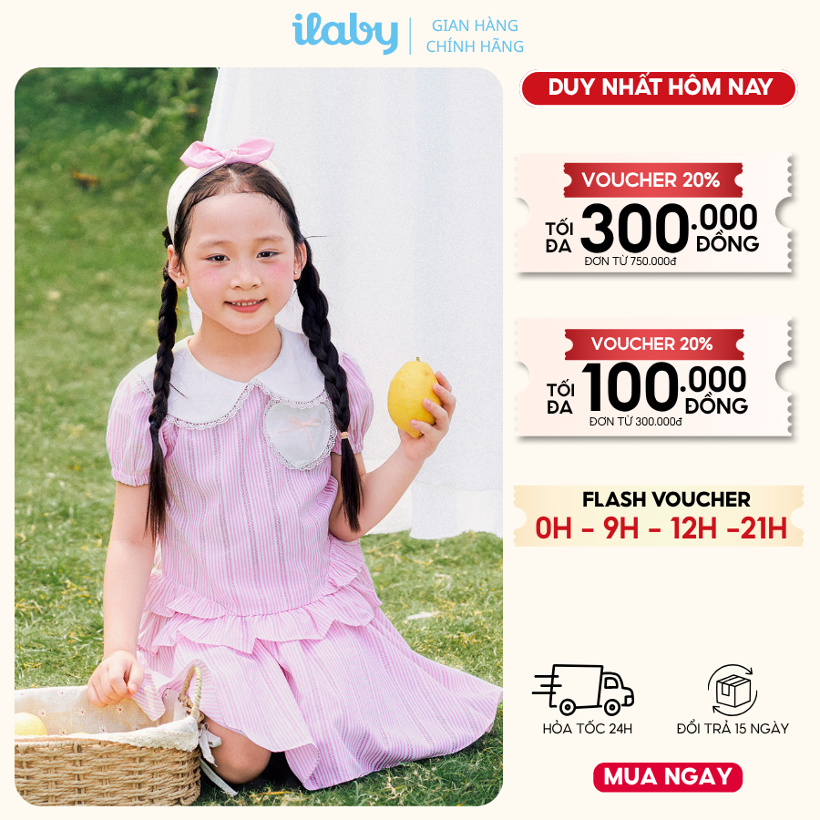 Set váy bé gái ILABY HCM áo cổ sen tay bồng phối chân váy xòe họa tiết kẻ sọc [3737]