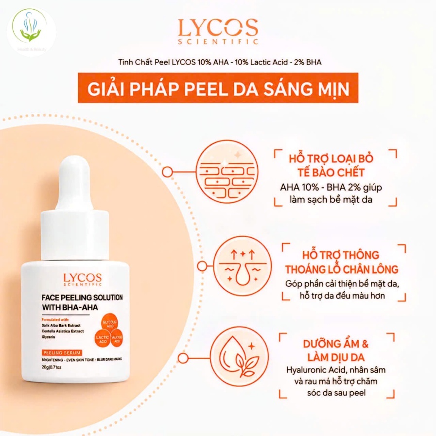 Tinh chất Peel Da Lycos - Lycos Face Peeling solution 10% AHA và 2% BHA - 10% Lactic Acid thu nhỏ lỗ