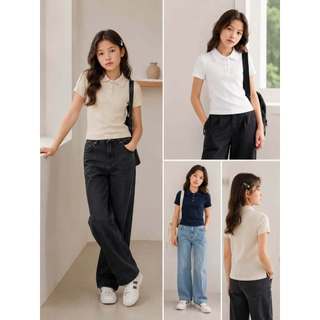 Áo polo gân Gj cổ cúc mẹ và bé gái