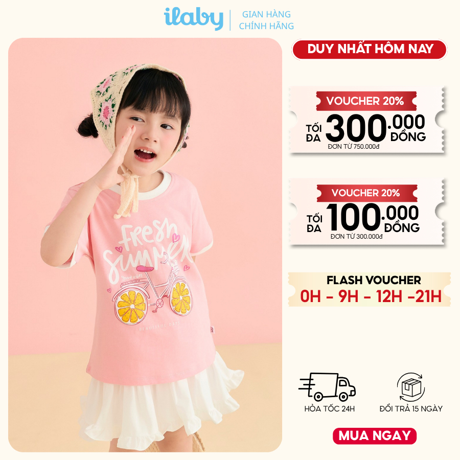 Mix set đồ bé gái ILABY HCM áo phông cotton in hình xe đạp và chân váy dáng xòe [3825+3882]