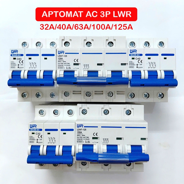 Bộ MCB 3 pha Aptomat AC 3 pha (3P) LWR 32A 40A 63A 100A 125A ngắt mạch CB tép 380V Bảo vệ quá tải ng