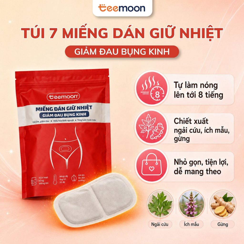 Miếng Dán Giữ Nhiệt 8 tiếng Giảm Đau Bụng Kinh Teemoon (7 miếng), Chiết xuất Gừng, Ngải Cứu, Ích Mẫu