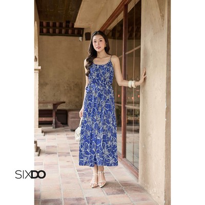 Đầm dáng xòe dài 2 dây xếp ly SIXDO (Dark Blue Floral Silk Sleeveless Dress)