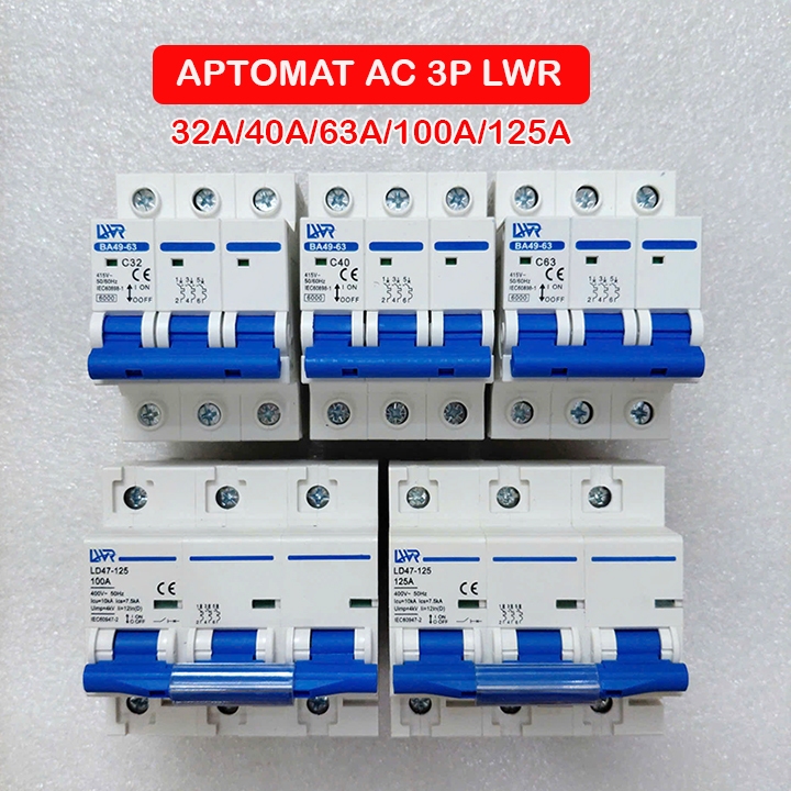 Bộ CB 3 pha 3P Aptomat AC 3 pha 4 cực LWR 32A 40A 63A 100A 125A ngắt mạch CB tép 380V Bảo vệ quá tải