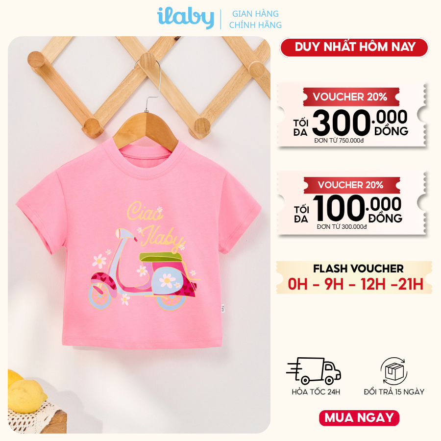 Áo thun bé gái ILABY HCM chất liệu cotton co giãn thoáng mát, họa tiết xe máy dễ thương [3803]