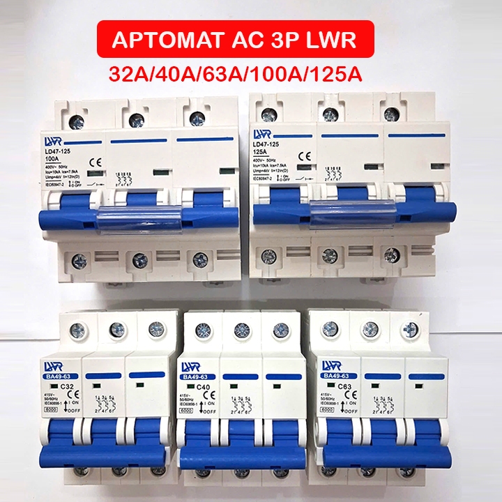 Aptomat 3 pha (3P) 3 cực LWR 32A 40A 63A 100A 125A ngắt mạch CB tép 380V Bảo vệ quá tải ngắn mạch, M
