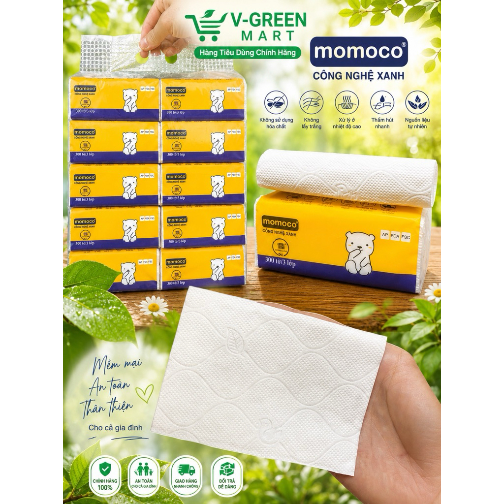 Combo 10 Bịch giấy ăn rút momoco 3 lớp siêu mềm mịn dai🍀