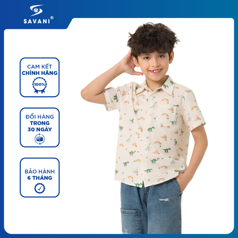 Áo Sơ Mi Ngắn Tay Bé Trai SAVANI, Chất Vải Polyester Mềm Mát, Dễ Phối Đồ BSSA137S6
