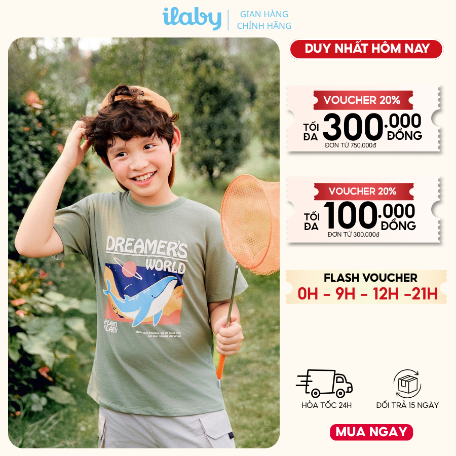 Áo thun bé trai ILABY HCM cổ tròn chất cotton in hình cá voi Dreamer's World năng động [3886]