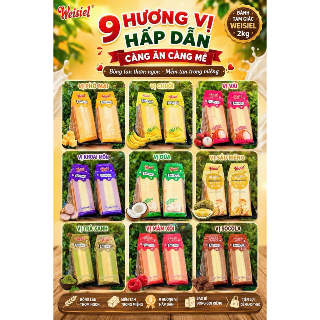 (vị Mới) 1Thùng 2kg 20 Bánh Tam Giác Mix 8 Vị /Lúa Mạch/Sôcôla/Khoai Môn/Phô Mai - Bánh Nội Địa Trun
