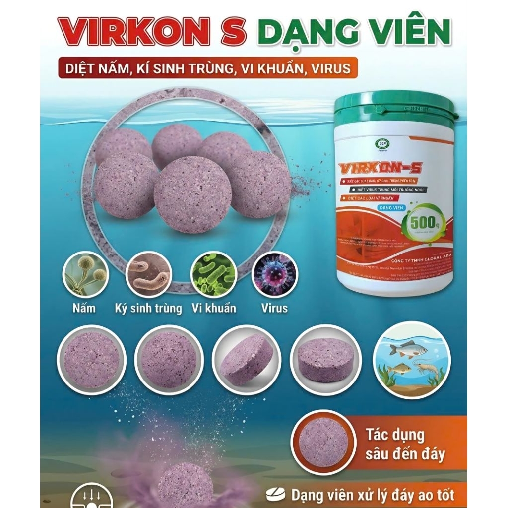 Virkon dạng viên d.iệt khuẩn , nấm, virus, ký sinh trùng cho tôm cá (lon 500gr)