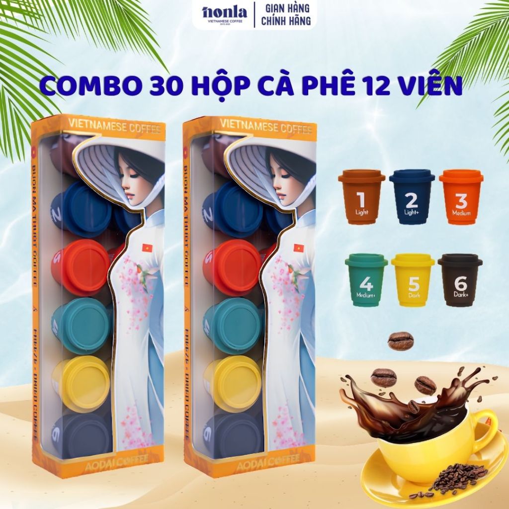 Combo 30 Hộp 12 Viên Cà Phê Hòa Tan Sấy Thăng Hoa AODAI COFFEE 6 Cấp Độ