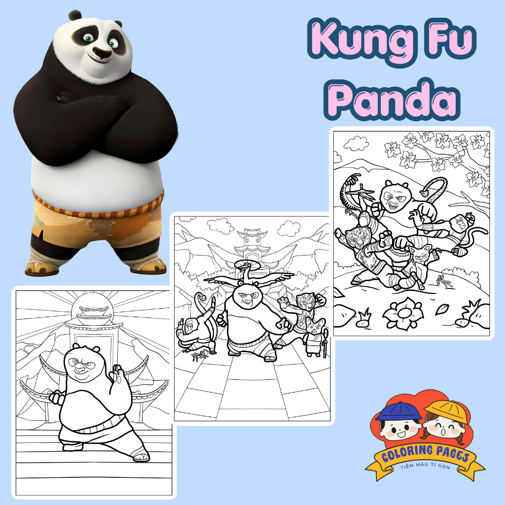 Combo 50/25 tờ tranh tô màu, tranh tập tô cho bé hình phim Gấu mập học võ Kung Fu Panda giấy A4, A5 