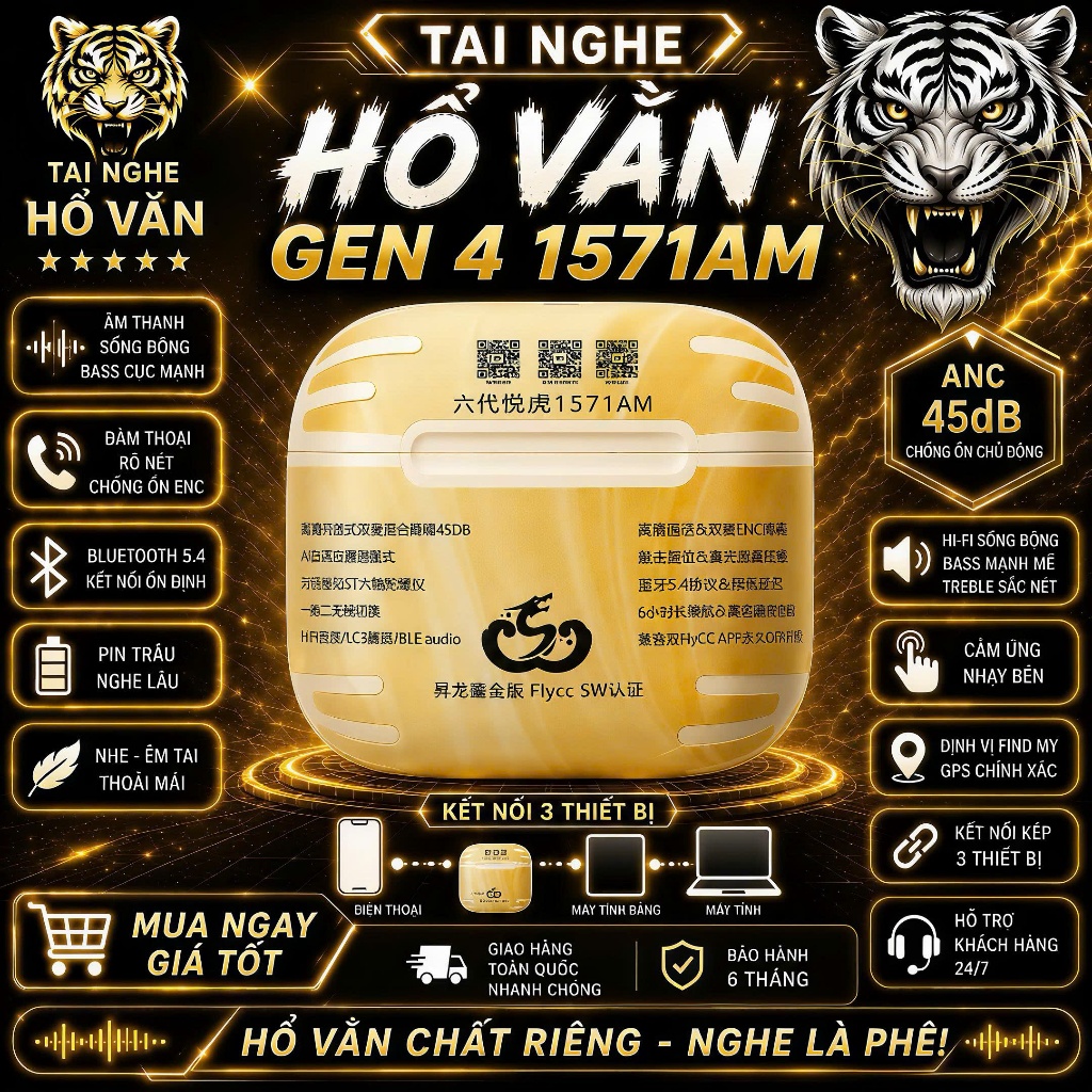 Tai Nghe Bluetooth Ap4 1571AM Hổ Vằn - Chống Ồn 45dB - Không Núm Cao Su - Pin 10H