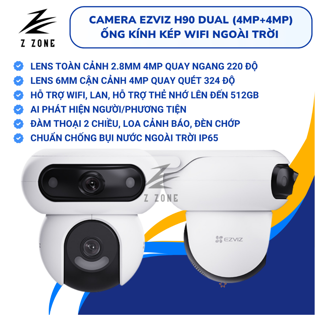 Camera EZVIZ H90 Dual (4MP+4MP) 2K+ – Quay Quét 2 Ống Kính, AI Thông Minh, Loa, Đèn Chớp