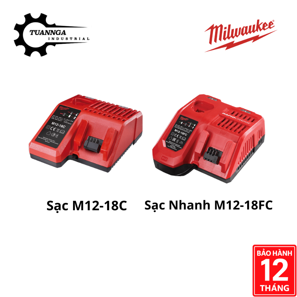 Bộ Sạc Chính Hãng Milwaukee M12-18C và M12-18FC (12V, 18V), Chính Hãng - Bảo Hành 12 Tháng