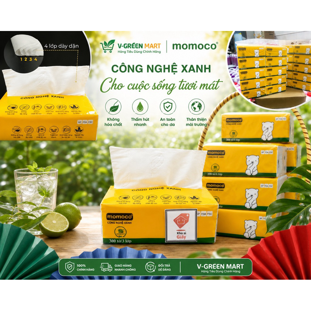 Combo 10 gói Giấy ăn Momoco 300 tờ/ 4 lớp mền mịn