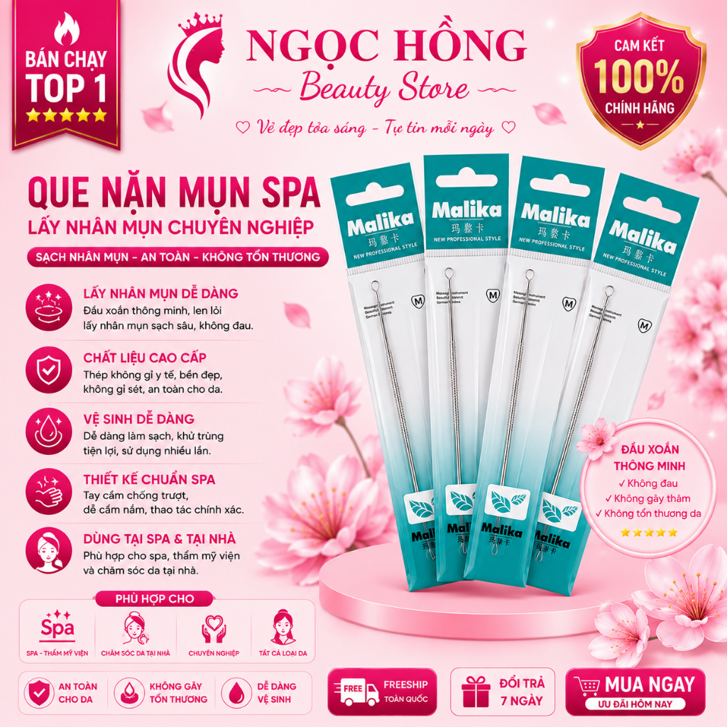 Que Nặn Mụn Malika Chất Liệu Dày Dặn 2 Đầu Nhọn,Tròn Phù Hợp Mọi Da Cho Spa Thẩm Mỹ Viện,cá nhân nặn mụn tại nhà