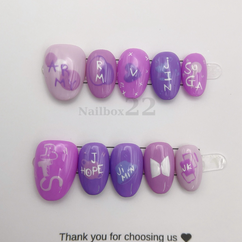Nailbox [1185] Móng tay giả vẽ BTS màu tím, Army, Suga, Jin, J Hope, Jimin, JK, móng ngắn