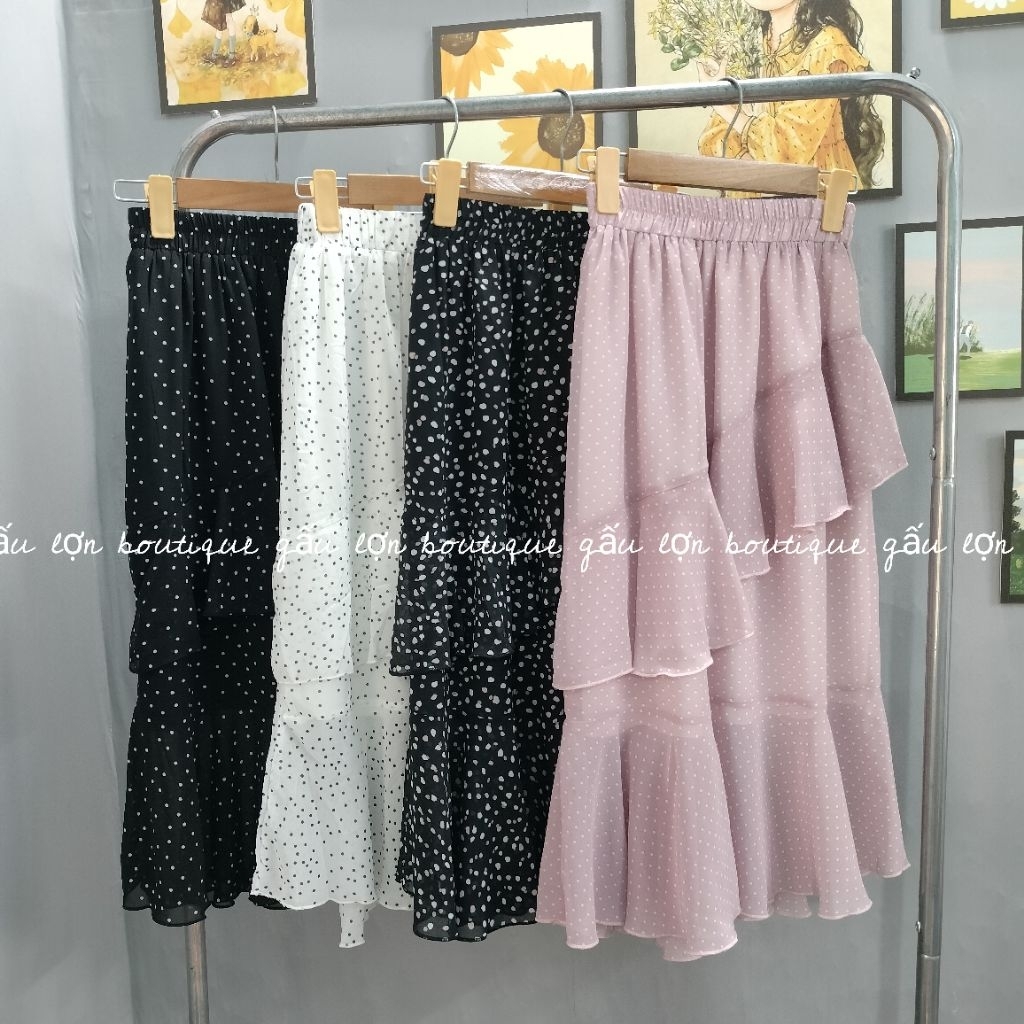 Chân váy midi chấm bi hoa nhí bèo chéo ulzzang hàn quốc