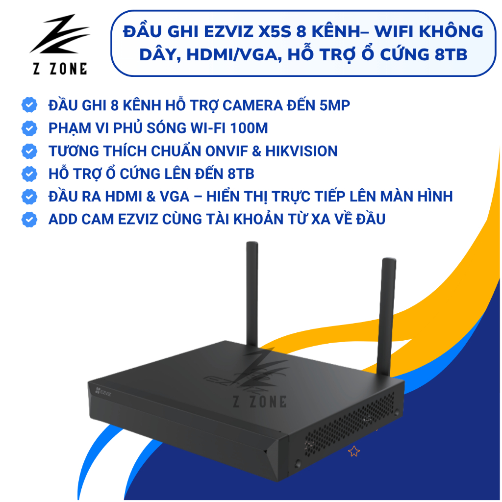 Đầu Ghi EZVIZ X5S 8 Kênh – Wifi Không Dây, HDMI/VGA, Add Camera EZVIZ Từ Xa, Hỗ Trợ Ổ Cứng 8TB