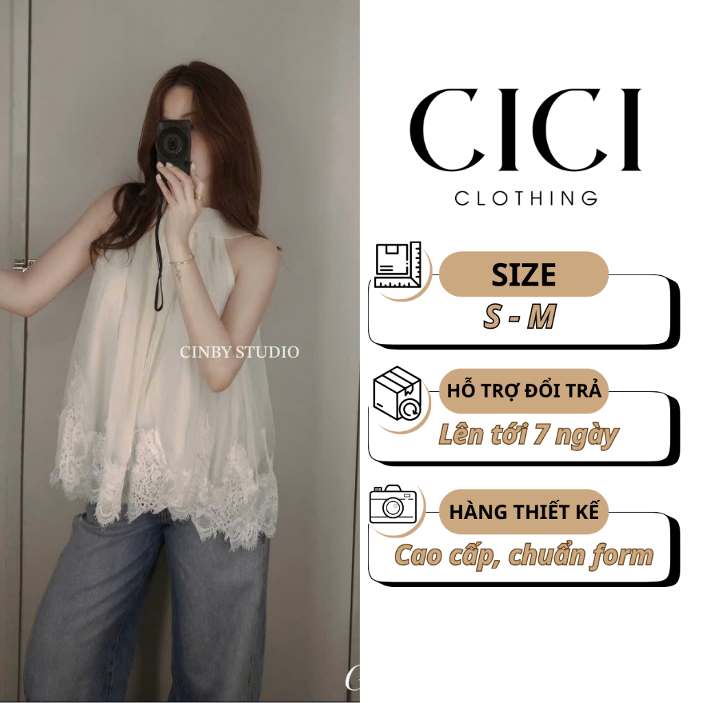 Áo Voan Yếm Cổ Đổ Phối Ren Nữ Dáng Suông Thanh Lịch Phong Cách Hàn Quốc Cao Cấp - Cici Clothing [M88