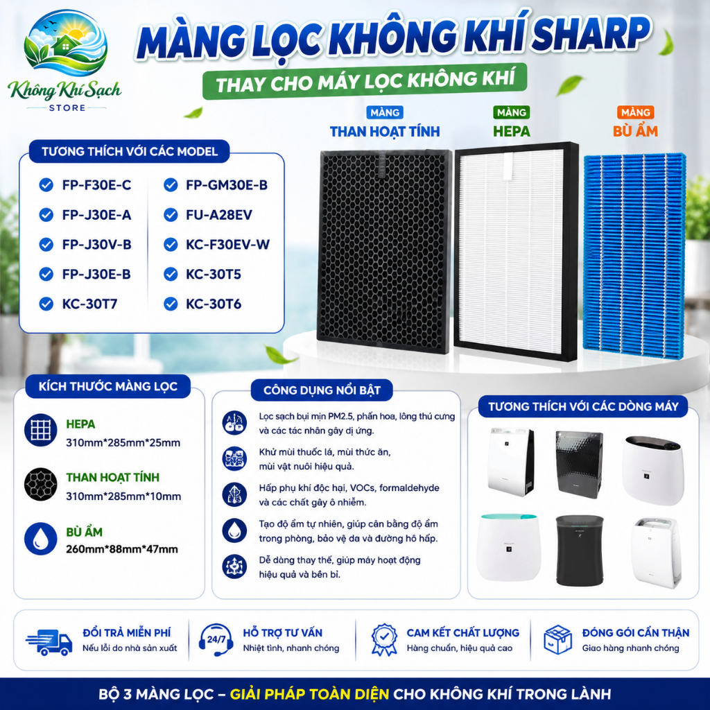Màng Lọc Sharp FP-F30E-C FP-J30E-A FP-J30V-B FP-J30E-B KC-30T7 HEPA Than Hoạt Tính